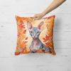 Peterbald Cat in Fall Leaves Throw Pillow Machine Washable, Indoor Outdoor Decorative Pillow for Couch, Bed or Patio, 18Hx18W