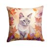 Thai Lilac Cat in Fall Leaves Throw Pillow Machine Washable, Indoor Outdoor Decorative Pillow for Couch, Bed or Patio, 18Hx18W