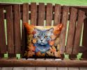 British Shorthair Cat in Fall Leaves Throw Pillow Machine Washable, Indoor Outdoor Decorative Pillow for Couch, Bed or Patio, 14Hx14W