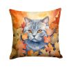 British Shorthair Cat in Fall Leaves Throw Pillow Machine Washable, Indoor Outdoor Decorative Pillow for Couch, Bed or Patio, 14Hx14W