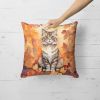 Selkirk Rex Cat in Fall Leaves Throw Pillow Machine Washable, Indoor Outdoor Decorative Pillow for Couch, Bed or Patio, 18Hx18W