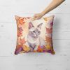 Thai Lilac Cat in Fall Leaves Throw Pillow Machine Washable, Indoor Outdoor Decorative Pillow for Couch, Bed or Patio, 18Hx18W