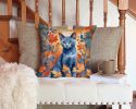 Russian Blue Cat in Fall Leaves Throw Pillow Machine Washable, Indoor Outdoor Decorative Pillow for Couch, Bed or Patio, 14Hx14W