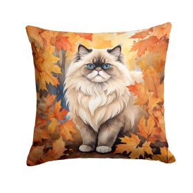 Colorpoint Longhair Cat in Fall Leaves Throw Pillow Machine Washable, Indoor Outdoor Decorative Pillow for Couch, Bed or Patio, 18Hx18W