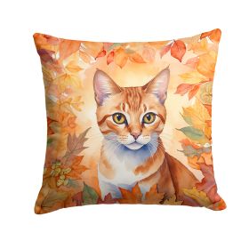 Arabian Mau Cat in Fall Leaves Throw Pillow Machine Washable, Indoor Outdoor Decorative Pillow for Couch, Bed or Patio, 18Hx18W