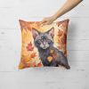 Lykoi Cat in Fall Leaves Throw Pillow Machine Washable, Indoor Outdoor Decorative Pillow for Couch, Bed or Patio, 18Hx18W