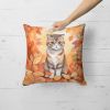 Scottish Fold Cat in Fall Leaves Throw Pillow Machine Washable, Indoor Outdoor Decorative Pillow for Couch, Bed or Patio, 18Hx18W