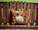 Colorpoint Shorthair Cat in Fall Leaves Throw Pillow Machine Washable, Indoor Outdoor Decorative Pillow for Couch, Bed or Patio, 14Hx14W