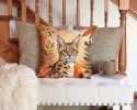 Serengeti Cat in Fall Leaves Throw Pillow Machine Washable, Indoor Outdoor Decorative Pillow for Couch, Bed or Patio, 14Hx14W