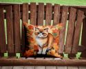 Exotic Shorthair Cat in Fall Leaves Throw Pillow Machine Washable, Indoor Outdoor Decorative Pillow for Couch, Bed or Patio, 14Hx14W