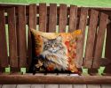 MaineCoon Cat in Fall Leaves Throw Pillow Machine Washable, Indoor Outdoor Decorative Pillow for Couch, Bed or Patio, 14Hx14W