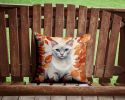 Foreign White Cat in Fall Leaves Throw Pillow Machine Washable, Indoor Outdoor Decorative Pillow for Couch, Bed or Patio, 14Hx14W