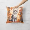 American Wirehair Cat in Fall Leaves Throw Pillow Machine Washable, Indoor Outdoor Decorative Pillow for Couch, Bed or Patio, 18Hx18W