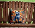 Russian Blue Cat in Fall Leaves Throw Pillow Machine Washable, Indoor Outdoor Decorative Pillow for Couch, Bed or Patio, 14Hx14W