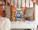 British Shorthair Cat in Fall Leaves Throw Pillow Machine Washable, Indoor Outdoor Decorative Pillow for Couch, Bed or Patio, 14Hx14W