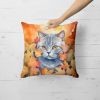 British Shorthair Cat in Fall Leaves Throw Pillow Machine Washable, Indoor Outdoor Decorative Pillow for Couch, Bed or Patio, 18Hx18W