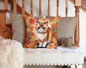 Exotic Shorthair Cat in Fall Leaves Throw Pillow Machine Washable, Indoor Outdoor Decorative Pillow for Couch, Bed or Patio, 14Hx14W