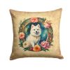 Japanese Spitz and Flowers Throw Pillow Machine Washable, Indoor Outdoor Decorative Pillow for Couch, Bed or Patio, 14Hx14W