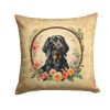 Black and Tan Coonhound and Flowers Throw Pillow Machine Washable, Indoor Outdoor Decorative Pillow for Couch, Bed or Patio, 14Hx14W