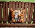 American Polydactyl Cat in Fall Leaves Throw Pillow Machine Washable, Indoor Outdoor Decorative Pillow for Couch, Bed or Patio, 14Hx14W