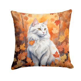 Turkish Angora Cat in Fall Leaves Throw Pillow Machine Washable, Indoor Outdoor Decorative Pillow for Couch, Bed or Patio, 18Hx18W