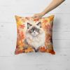 Ragdoll Cat in Fall Leaves Throw Pillow Machine Washable, Indoor Outdoor Decorative Pillow for Couch, Bed or Patio, 18Hx18W