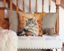 MaineCoon Cat in Fall Leaves Throw Pillow Machine Washable, Indoor Outdoor Decorative Pillow for Couch, Bed or Patio, 14Hx14W